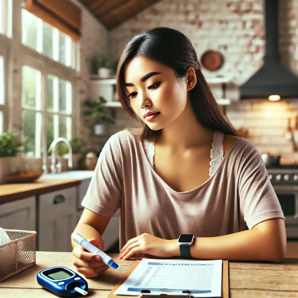 혈당 스파이크 여부를 체크리스트로 자가진단하는 동양인 여성