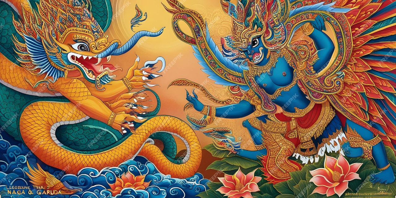 가루다와 나가의 대결 모습의 그림