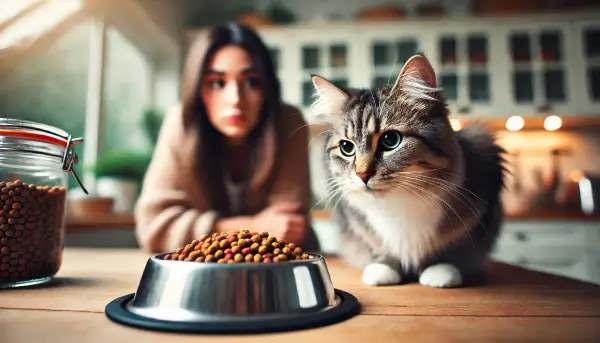 주인이 걱정스럽게 바라보는 가운데, 고양이가 사료 그릇을 무관심하게 외면하는 모습