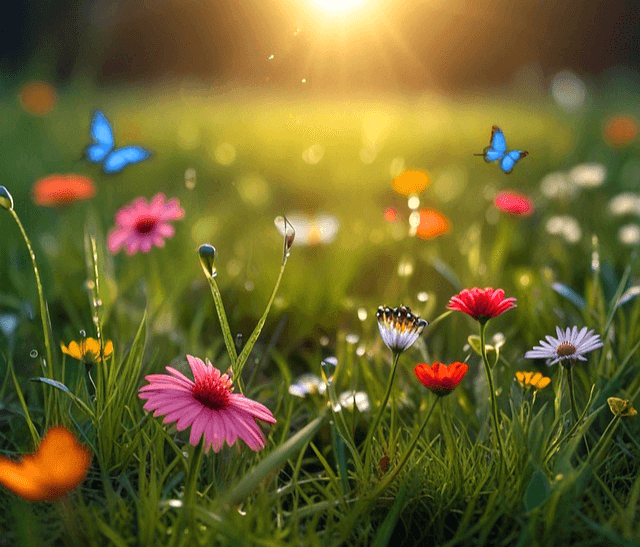 풀밭에 핀 예쁜 꽃들이 아침 햇살을 맞고 있다. 파란 나비 두 마리가 꽃 사이를 날고 있다.