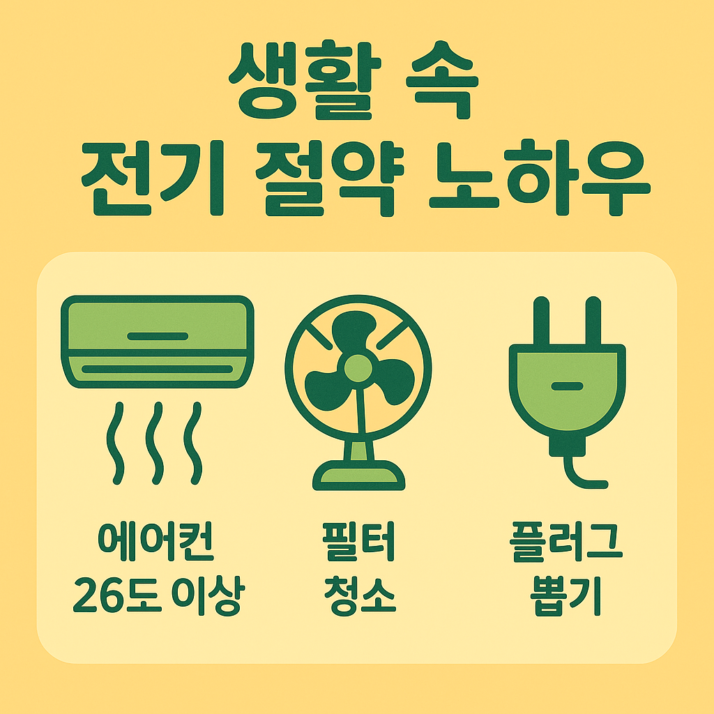 에어컨 26도 이상 설정, 필터 청소, 플러그 뽑기 등 일상에서 실천 가능한 전기 절약 팁을 담은 이미지