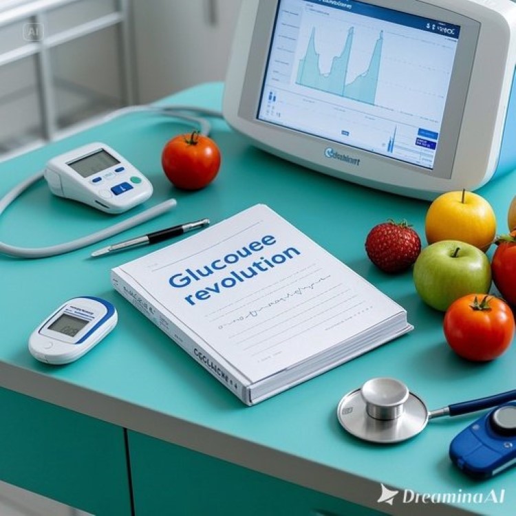 현대적인 의료 연구실에서 혈당측정기와 그래프 차트들이 놓인 책상 위에 '글루코스 혁명' 책이 펼쳐져 있고, 혈당 스파이크를 보여주는 디지털 모니터와 건강한 식재료들이 함께 배치된 과학적이고 신뢰감 있는 헬스케어 이미지