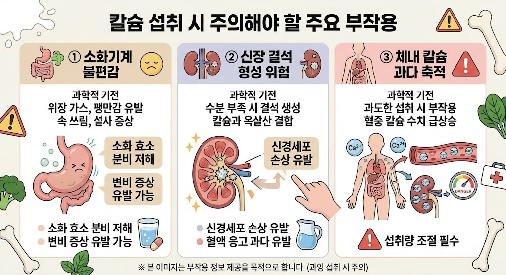 칼슘을 과도하게 섭취하면 혈관 석회화, 신장 결석 등 칼슘 부작용 유발