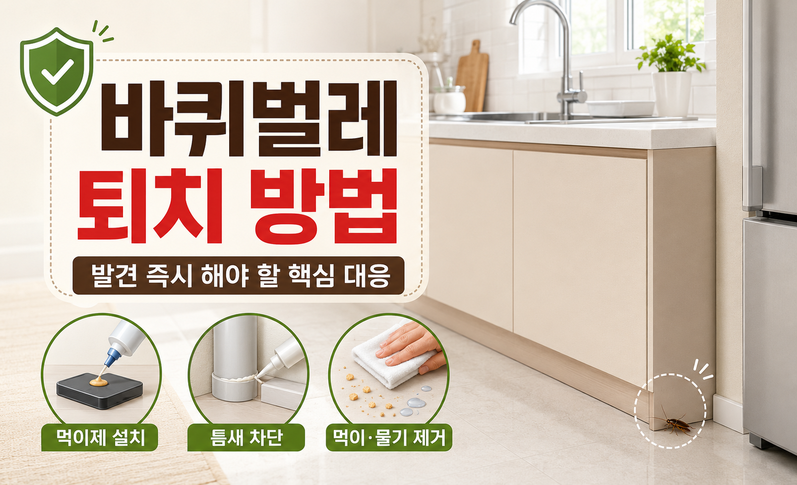바퀴벌레 퇴치 방법과 먹이제 설치, 틈새 차단, 먹이 제거 등 바퀴벌레 없애는 방법을 설명하는 대표 이미지
