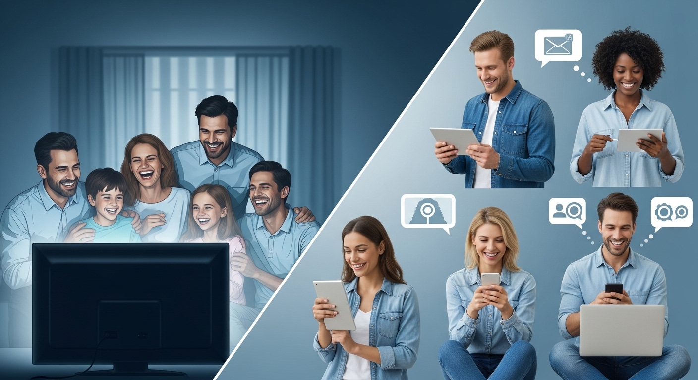 TV를 함께 보는 가족과 각자 기기를 보는 개인들을 대비하여 공동체와 개인의 경험을 표현.