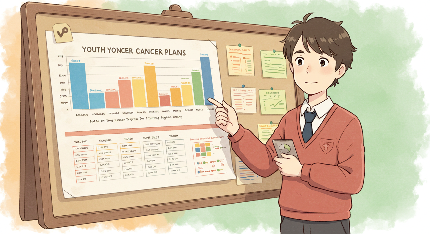 학생&middot;청년층 암보험 비교표를 보여주는 인물 일러스트