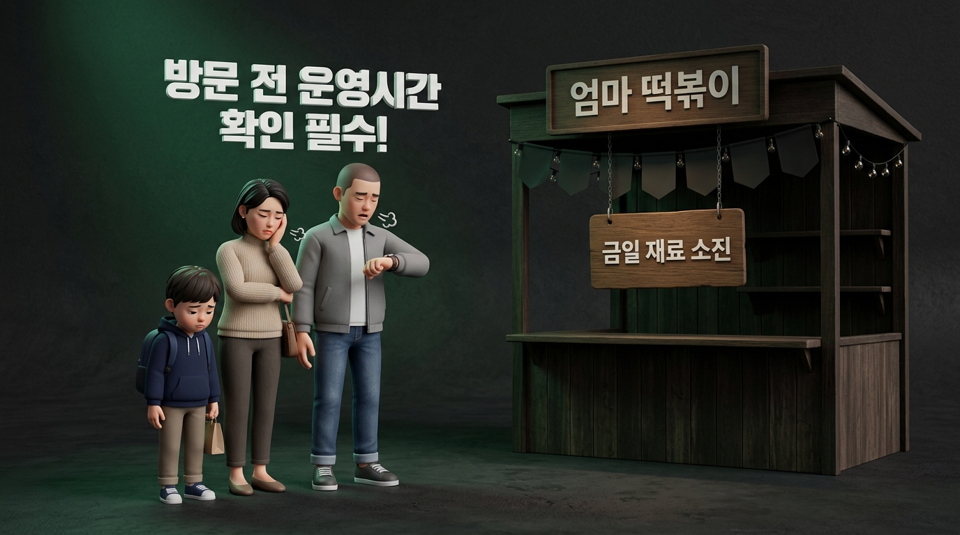 어린이날 축제에 늦게 도착하여 재료가 소진된 부스 앞에서 실망하는 가족의 모습을 담은 3D 캐릭터 썸네일 이미지