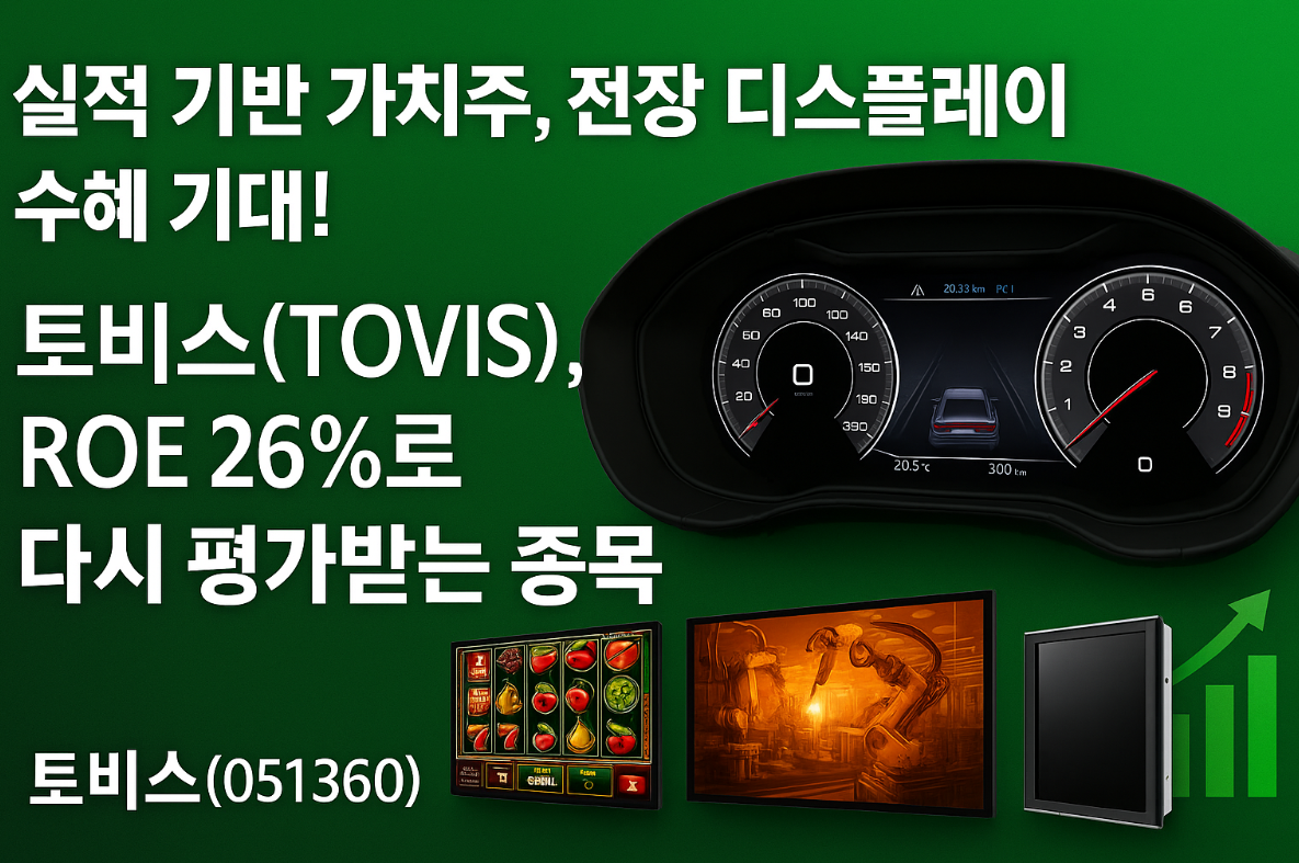 토비스, 전장 디스플레이 수혜 실적 저평가 가치주로 주목 글에 대한 썸네일 디자인입니다.