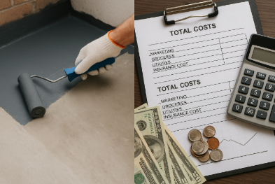 콘크리트 바닥 위에서 방수제를 롤러로 도포하는 작업자의 손과, 옆에는 비용 계산서와 계산기가 놓인 장면.