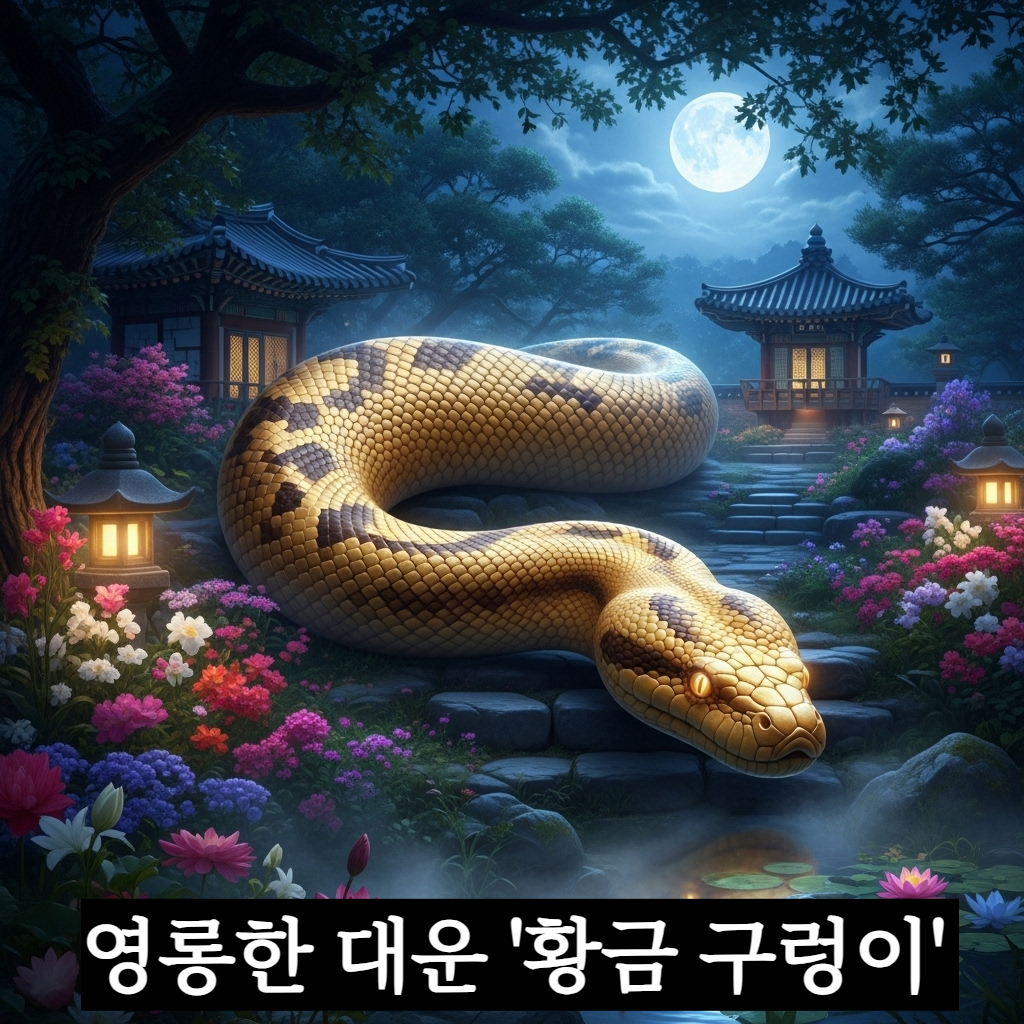 어둠 속에서 영롱하게 빛나는 황금 비늘을 가진 거대한 구렁이가 신비로운 기운을 내뿜으며 꽃밭 사이를 평온하게 지나는 장엄한 일러스트