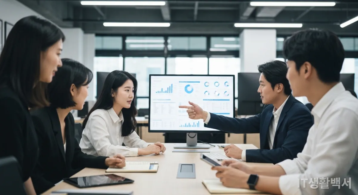 2026년 서울의 현대적인 사무실에서 AI 챗봇을 활용하여 업무 효율성을 높이는 직장인들