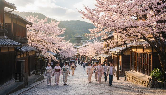 봄 벚꽃이 핀 일본 교토의 아름다운 거리 풍경