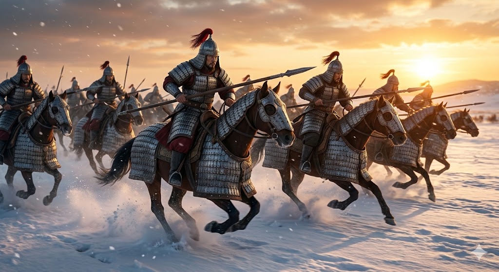 Illustration of Goguryeo's iron-clad heavy cavalry (Gaemamusa) charging into battle.