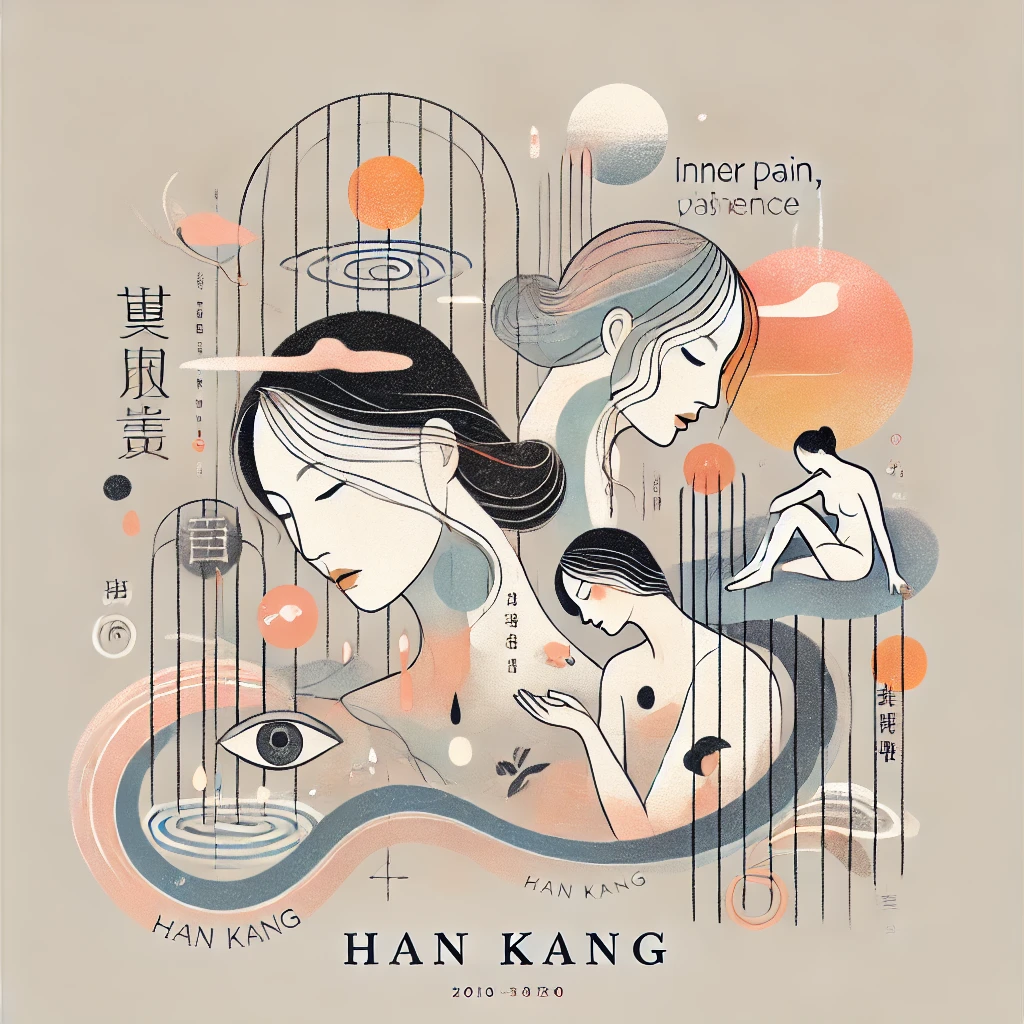 한강의 섬세하고 시적인 문체와 폭력, 저항의 주제를 반영한 이미지