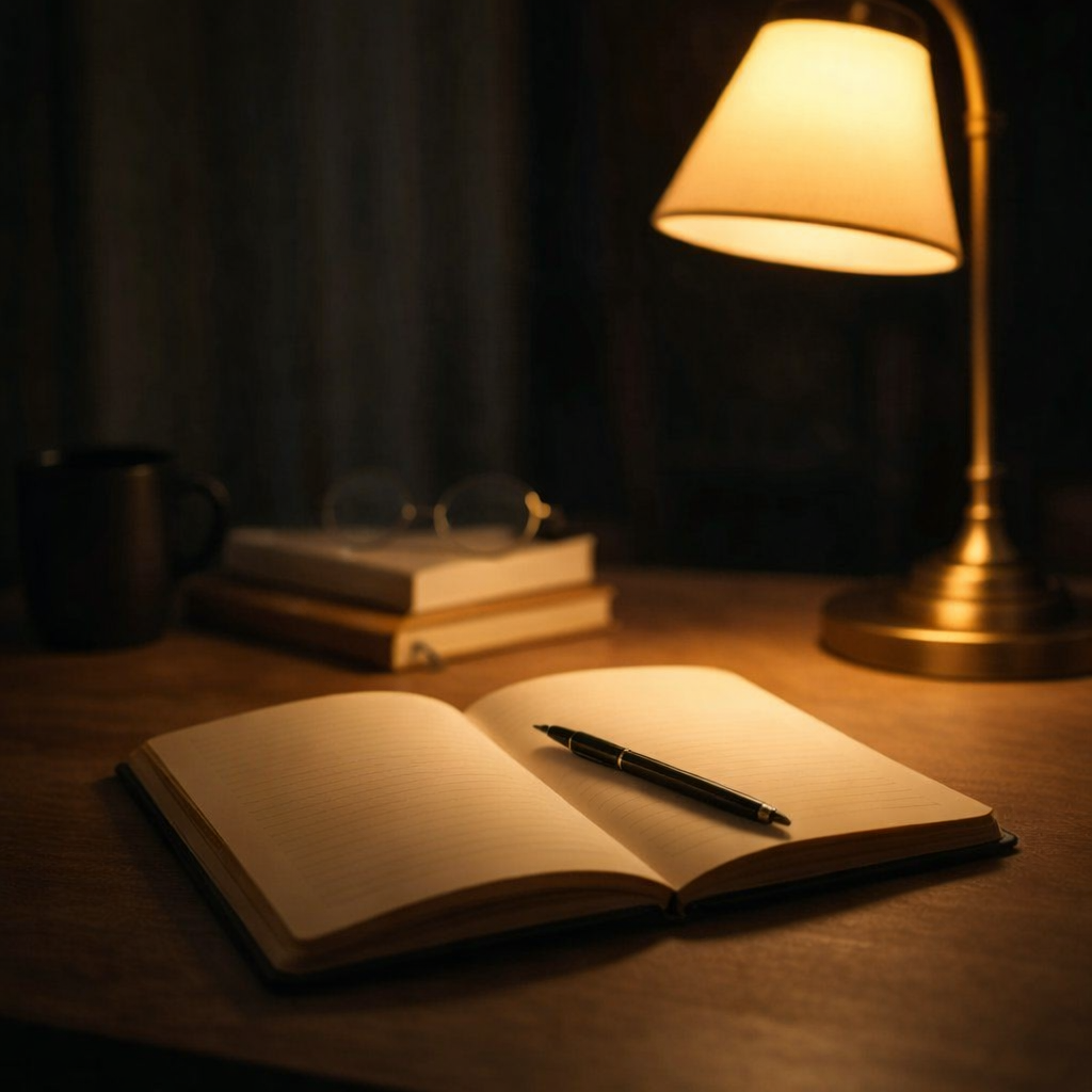 따뜻한 스탠드 조명 아래 열린 노트와 펜이 놓인 저녁의 조용한 책상 풍경