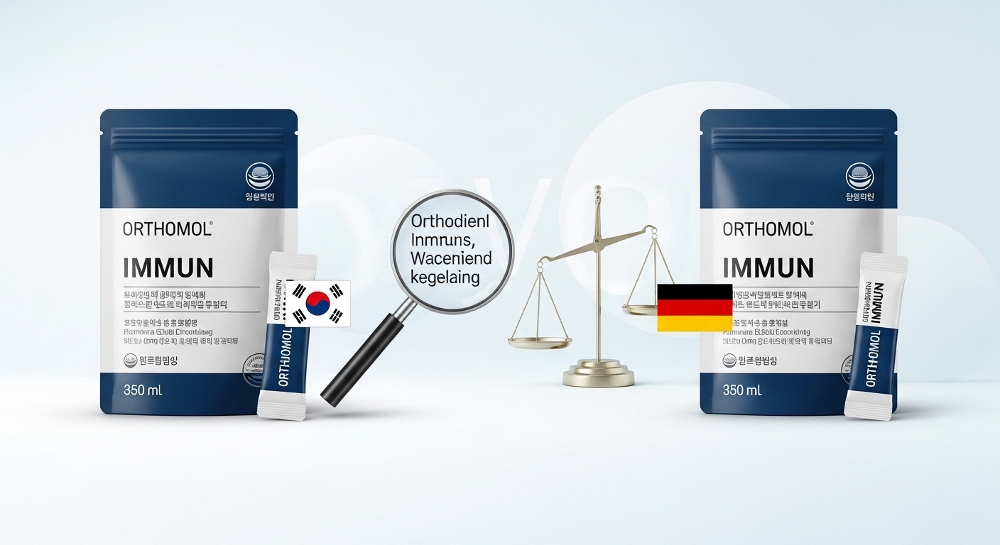 국내 정식수입 오쏘몰 이뮨과 독일 직구 오쏘몰 이뮨 제품이 나란히 놓여 성분과 가격을 비교하는 모습.