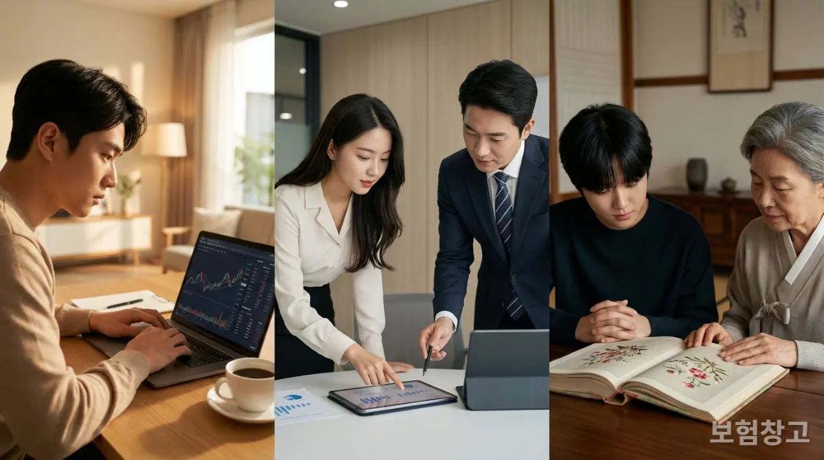 중개형, 신탁형, 일임형 ISA 계좌의 특징을 보여주는 세 가지 장면