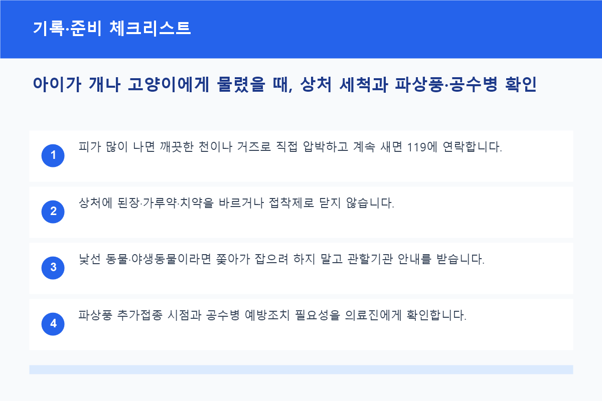 아이가 개나 고양이에게 물렸을 때, 상처 세척과 파상풍&middot;공수병 확인 기록&middot;준비 체크리스트 정보 이미지