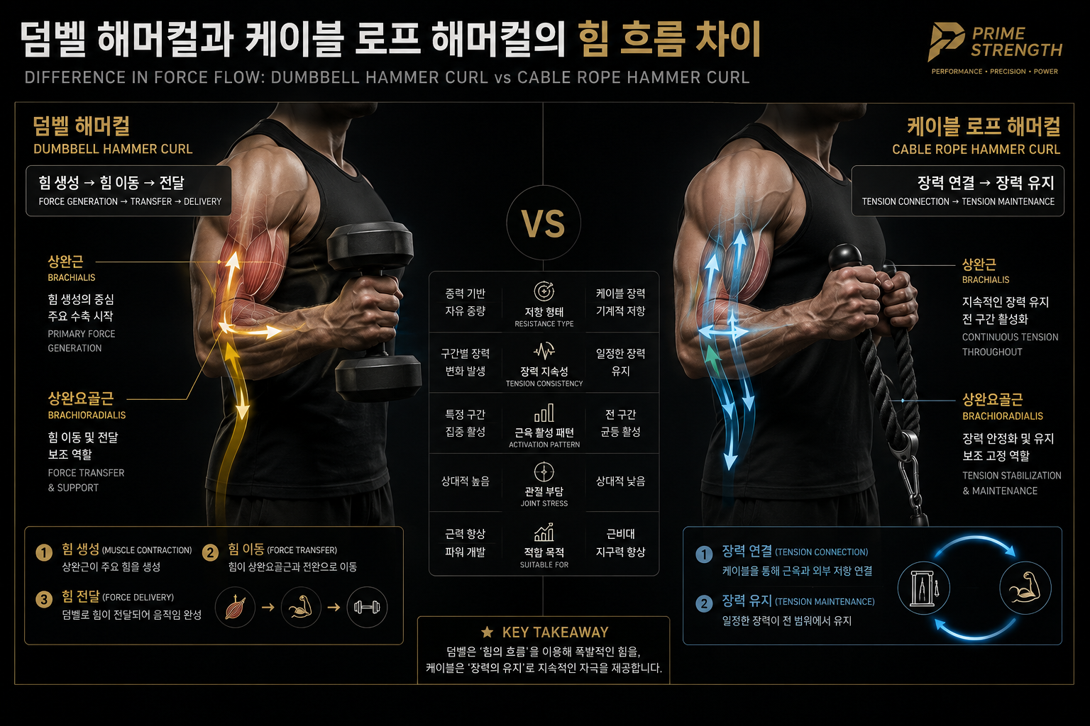 덤벨 해머컬과 케이블 로프 해머컬의 힘 흐름 차이