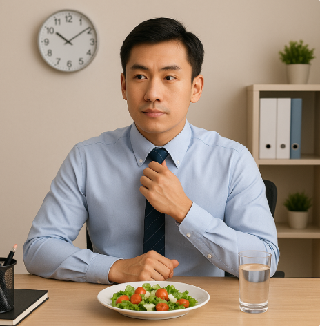 직장인이 샐러드 식단을 하고 있다.