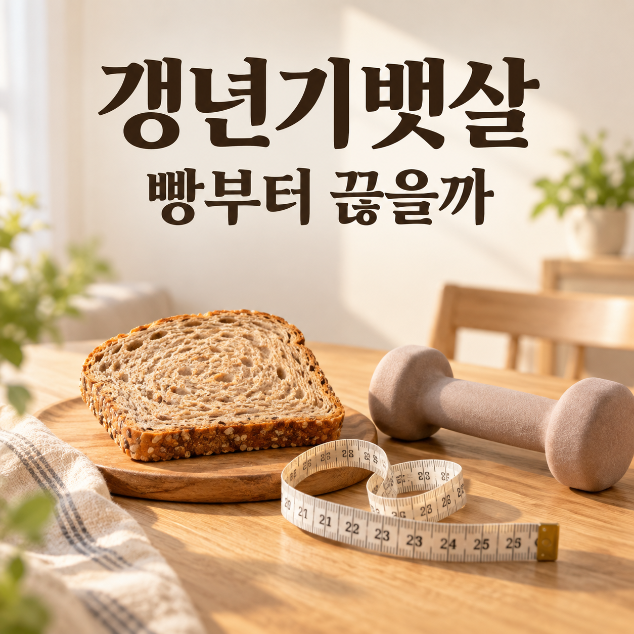 갱년기뱃살 빵부터 끊을까 문구와 통곡물빵·덤벨·줄자가 있는 이미지