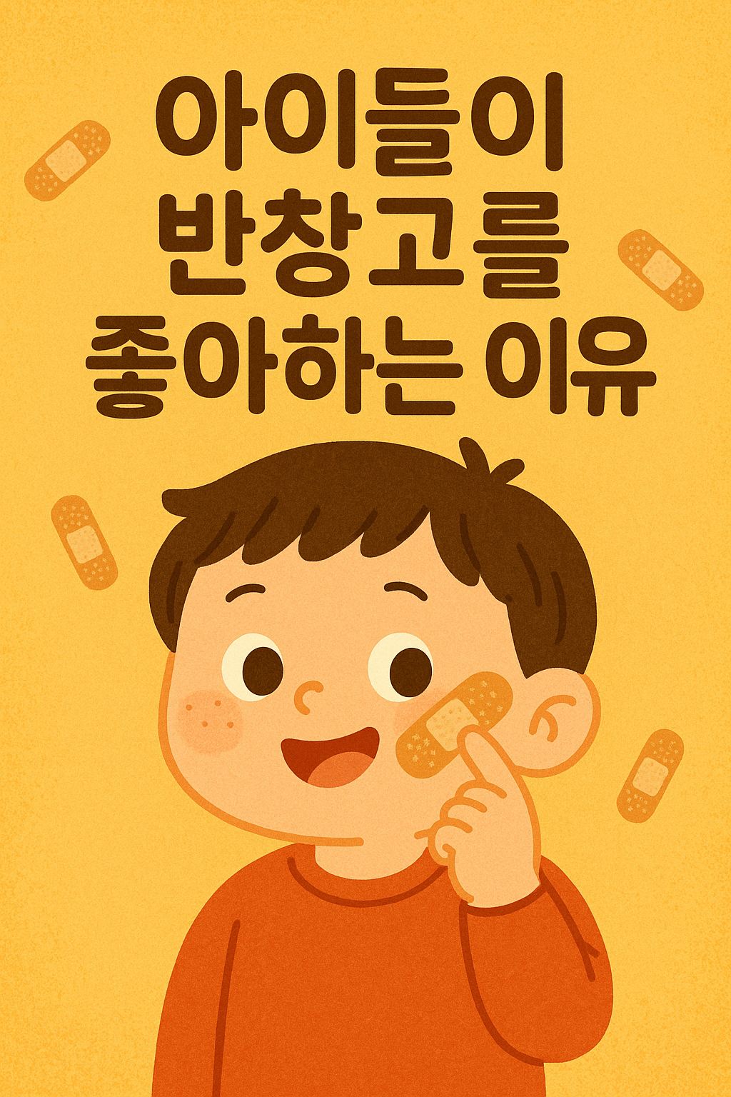 아이들이 반창고를 좋아하는 이유라고 글이써져 있고 아이 얼굴에 반창고가 붙어있는 사진