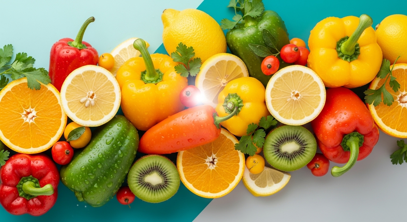 비타민 C가 풍부한 레몬, 오렌지, 키위 등이 모여 면역력 강화와 건강한 식단을 상징하는 이미지.