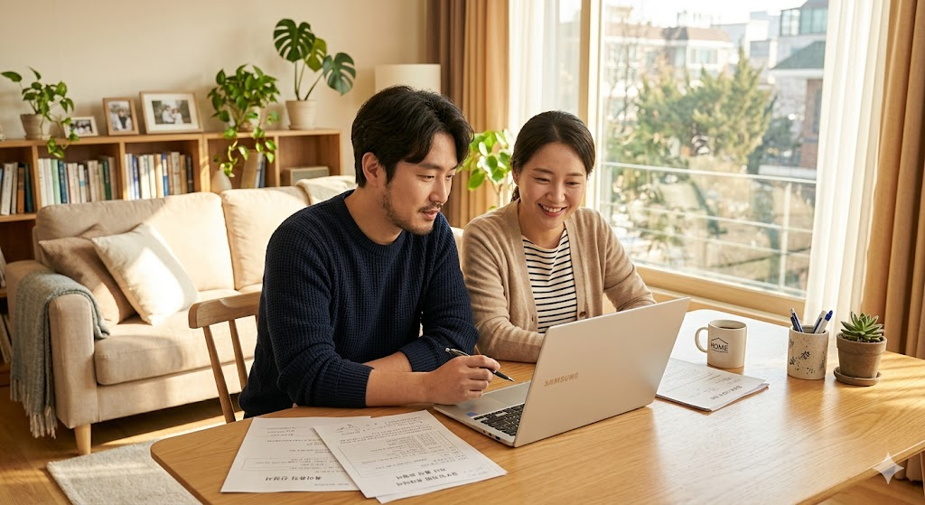 가정에서 노트북을 펼쳐놓고 육아휴직 서류를 검토하는 30대 부부, 따뜻한 햇살이 드는 밝은 거실 분위기