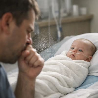 성인의 기침 비말로 인해 침대에 누운 영아가 백일해 감염 위험에 노출된 상황을 표현한 이미지