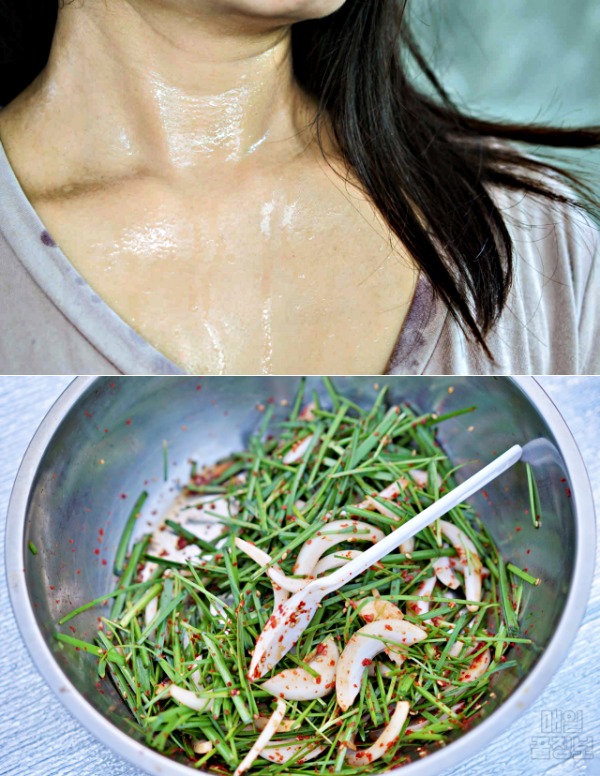 부추 효능,땀 많이 흘릴때 좋은 음식,부추무침, 열이 많은 사람에게 좋은 음식,땀 많이 흘리는 사람,식은땀,다한증에 좋은 음식,건강 팁줌 매일꿀정보