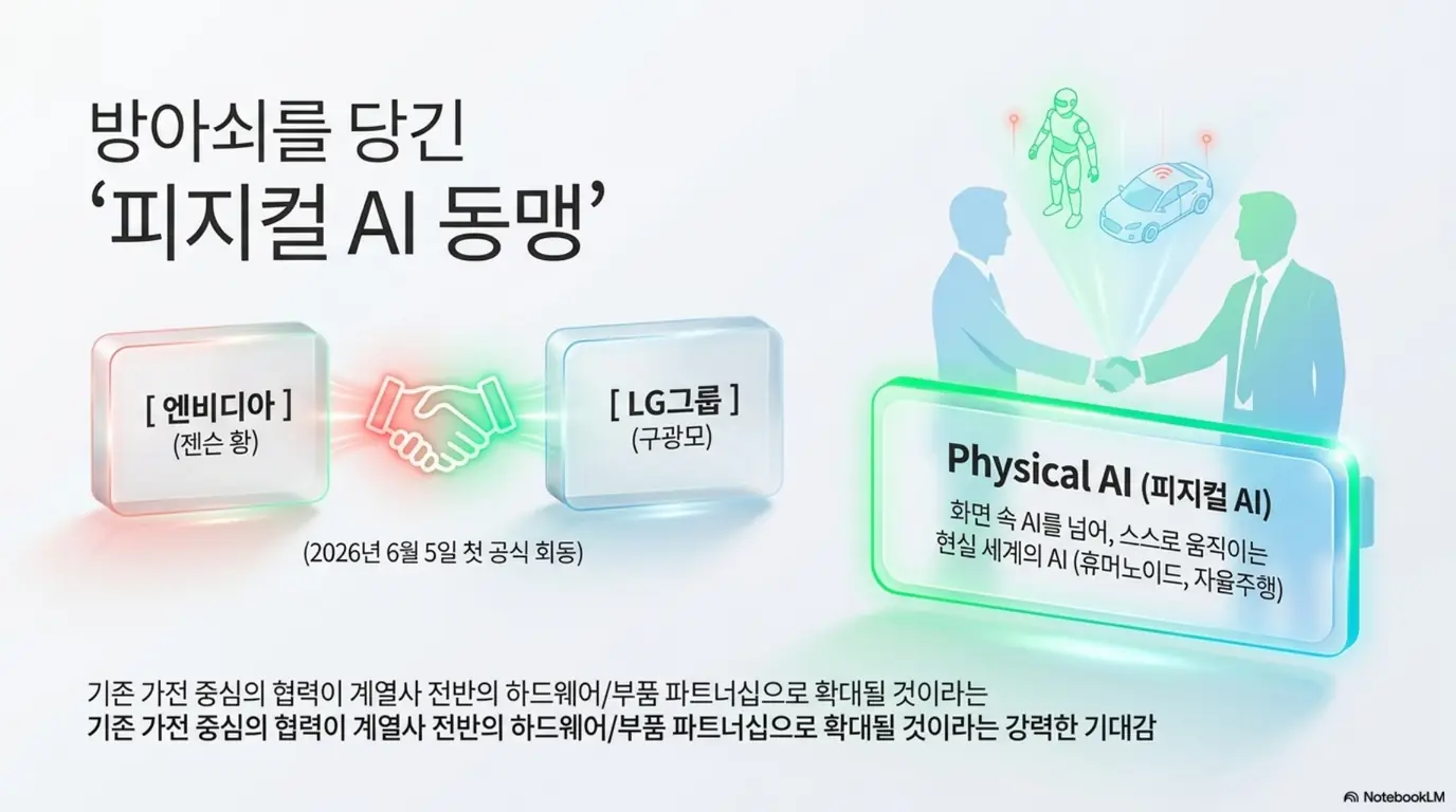 LG이노텍 주가 전망: ’방아쇠를 당긴 피지컬 AI 동맹'이라는 문구가 포함된 이미지. 2026년 6월 5일 엔비디아 젠슨 황과 LG그룹 구광모 회장의 첫 공식 회동으로 가전을 넘어 계열사 전반의 하드웨어 부품 협력 기대가 커진 점을 시각적으로 전달하며, 블로그의 LG이노텍 주가 전망과 관련된 내용을 설명함