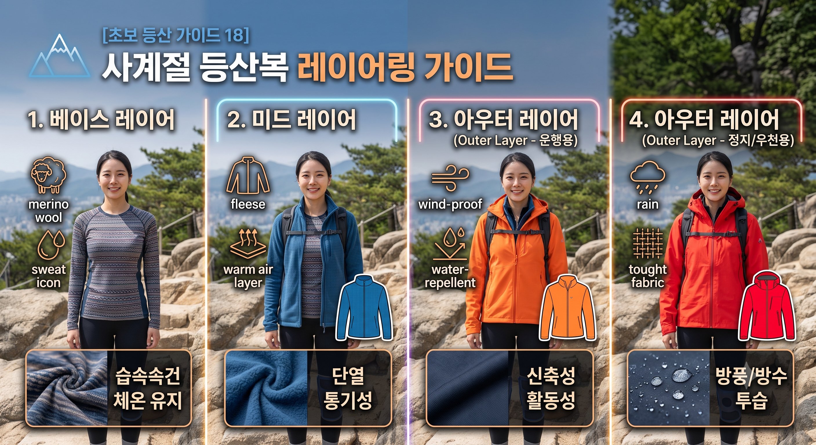 사계절 등산복 레이어링 시스템: 겹쳐 입기의 정석과 원단별 완벽 가이드