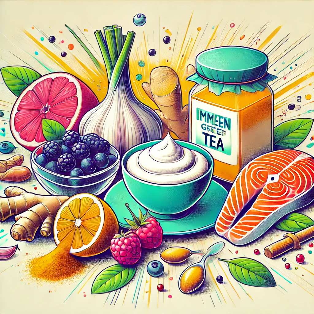 면역력을 높이는 7가지 슈퍼푸드를 강조한 이미지입니다. 각 음식이 건강한 느낌이 들도록 밝고 깨끗한 스타일로 표현되었습니다.