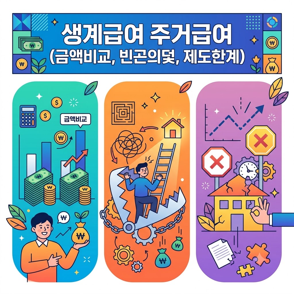 생계급여와 주거급여의 금액 비교, 빈곤의 덫 구조, 그리고 복지 제도의 한계를 세 가지 영역으로 나누어 시각화한 정사각형 인포그래픽
