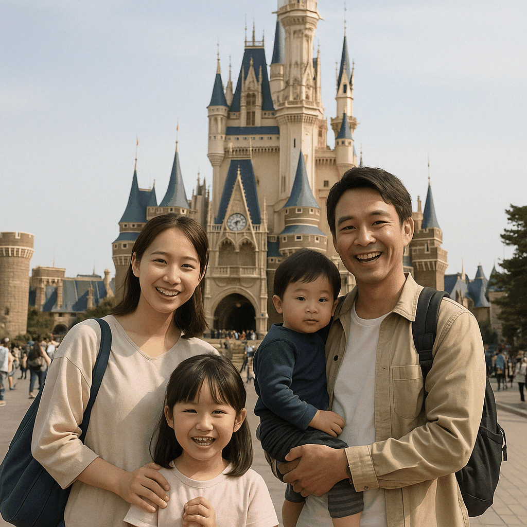 도쿄 디즈니랜드 앞에서 두 자녀와 함께 행복하게 웃고 있는 일본 가족의 기념사진