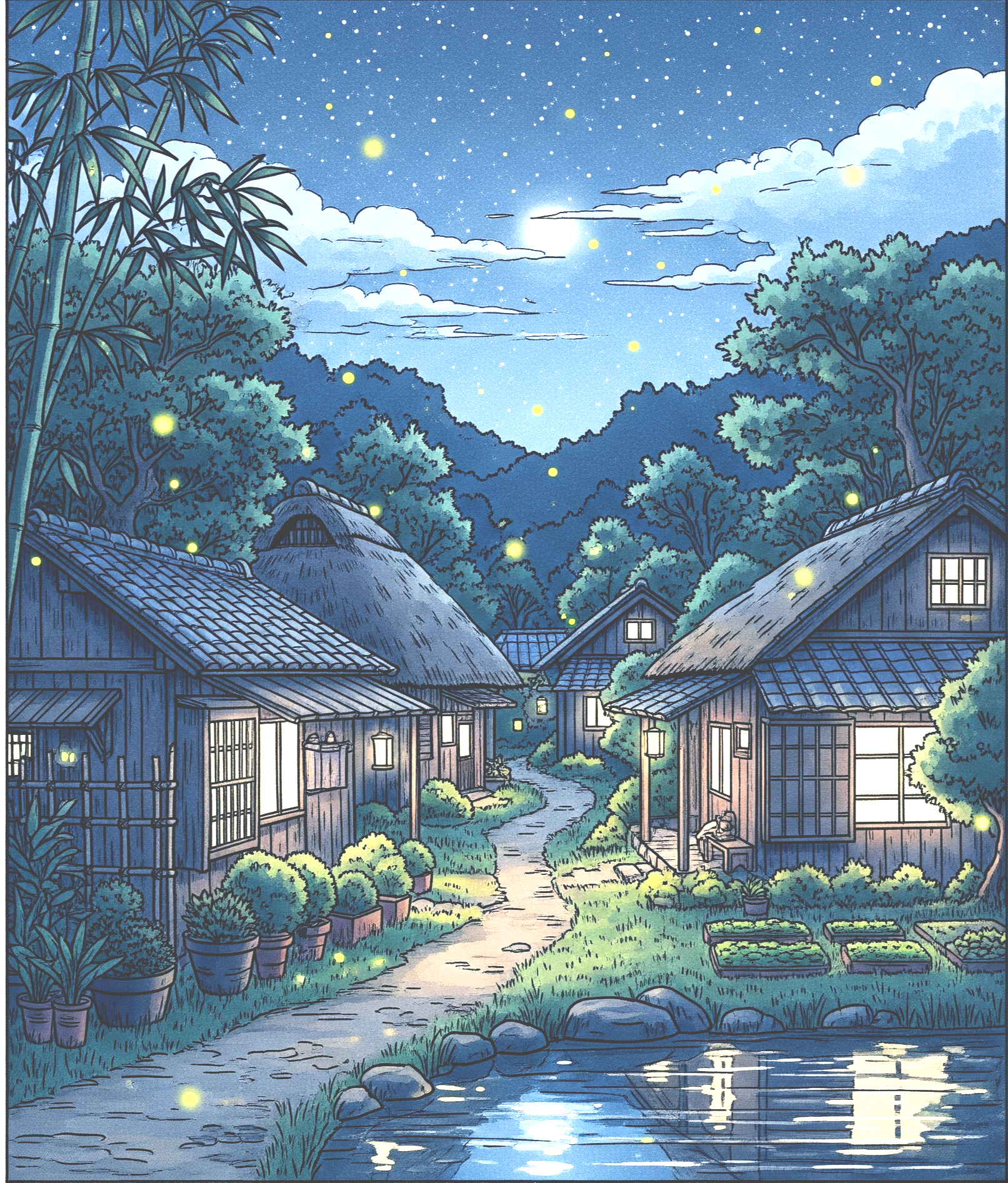 마을에 떠 있는 반딧불들