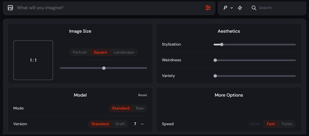 Midjourney Web UI 생성(Create) 패널 스크린샷