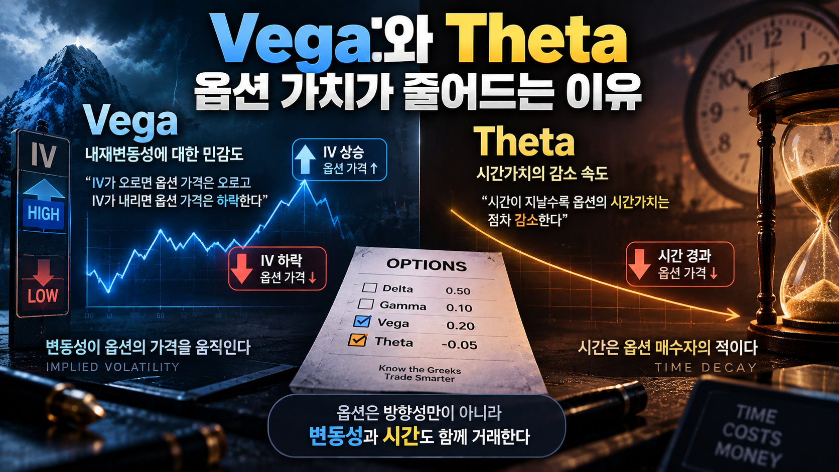 `Vega and Theta effects on option value from implied volatility and time decay`