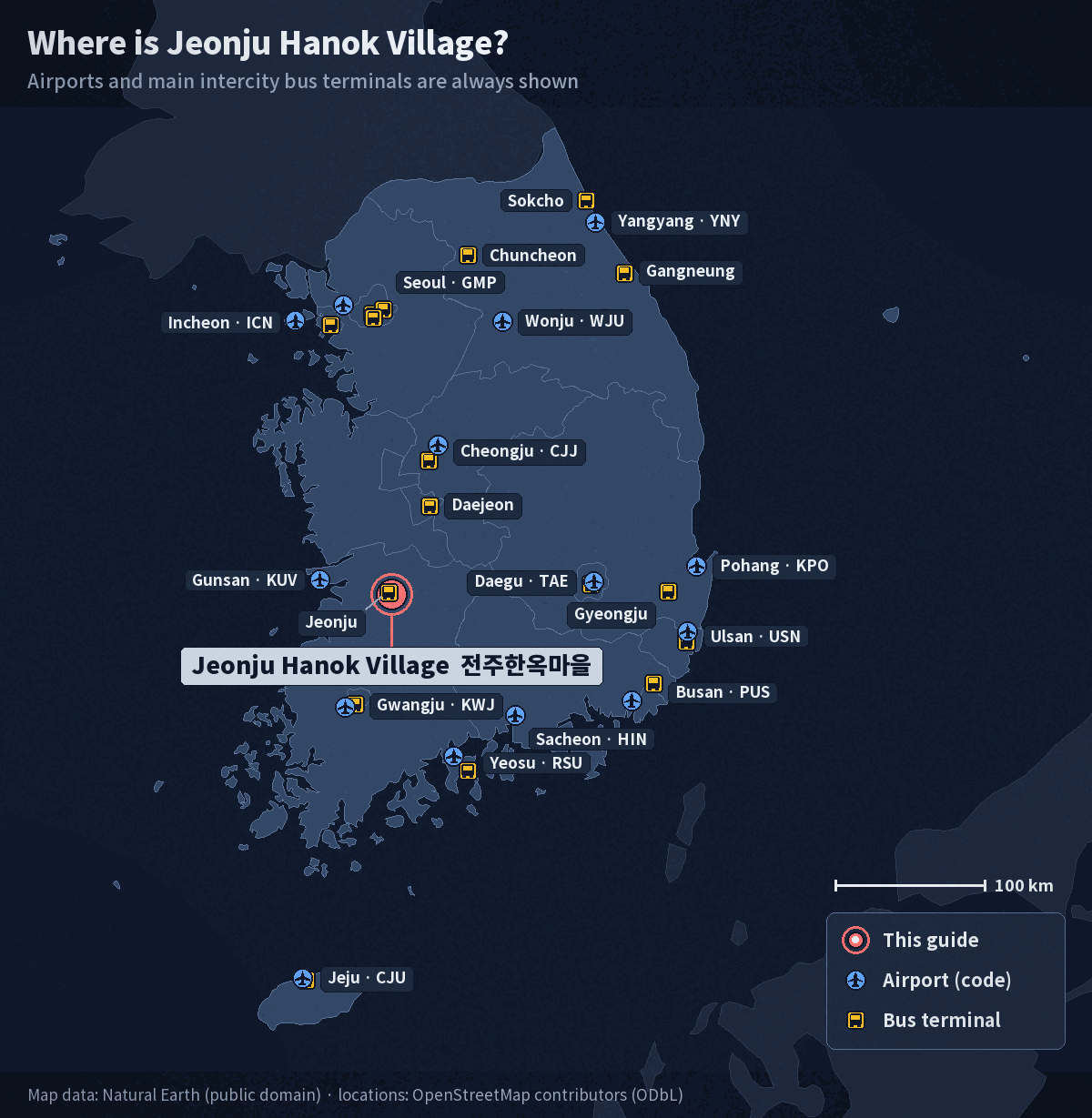 Map of South Korea with Jeonju Hanok Village marked, showing Korea's airports and main intercity bus terminals