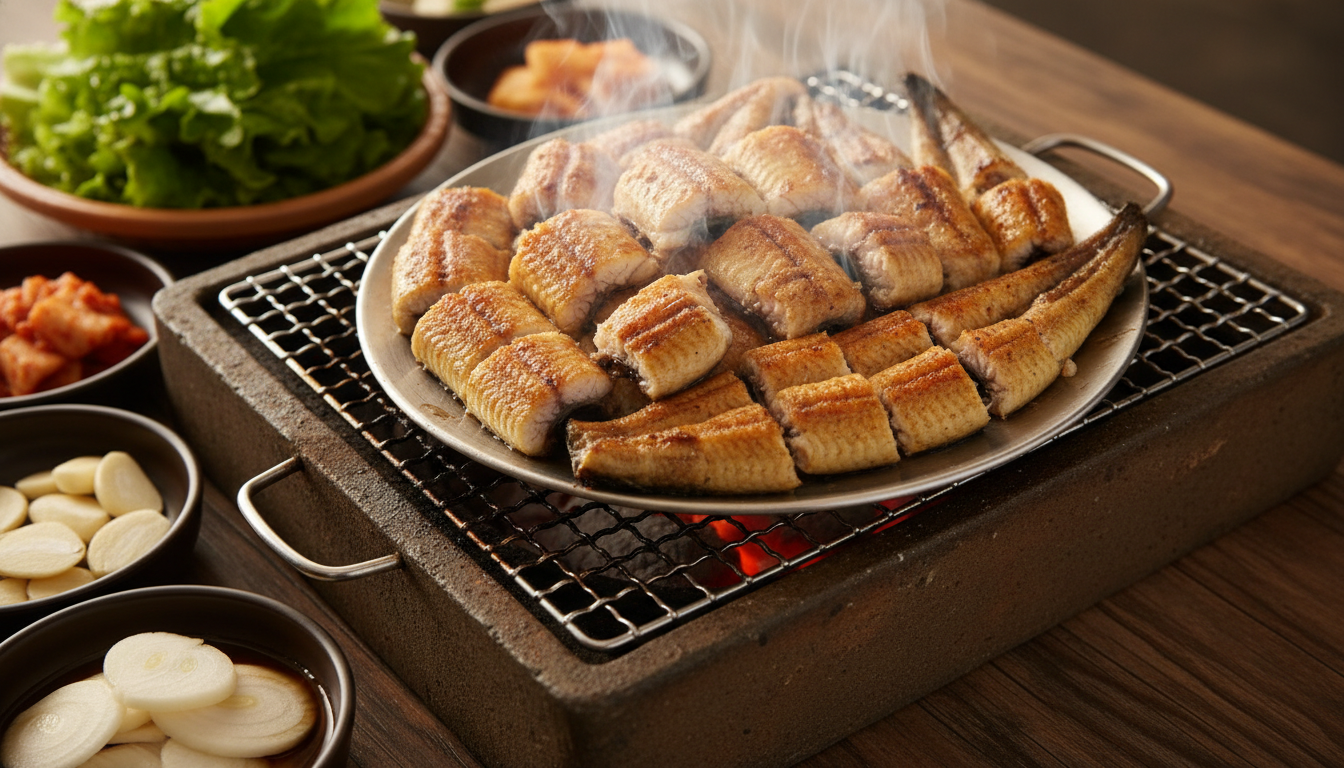 참숯에 노릇하게 구워지는 먹음직스러운 고창 풍천장어 구이