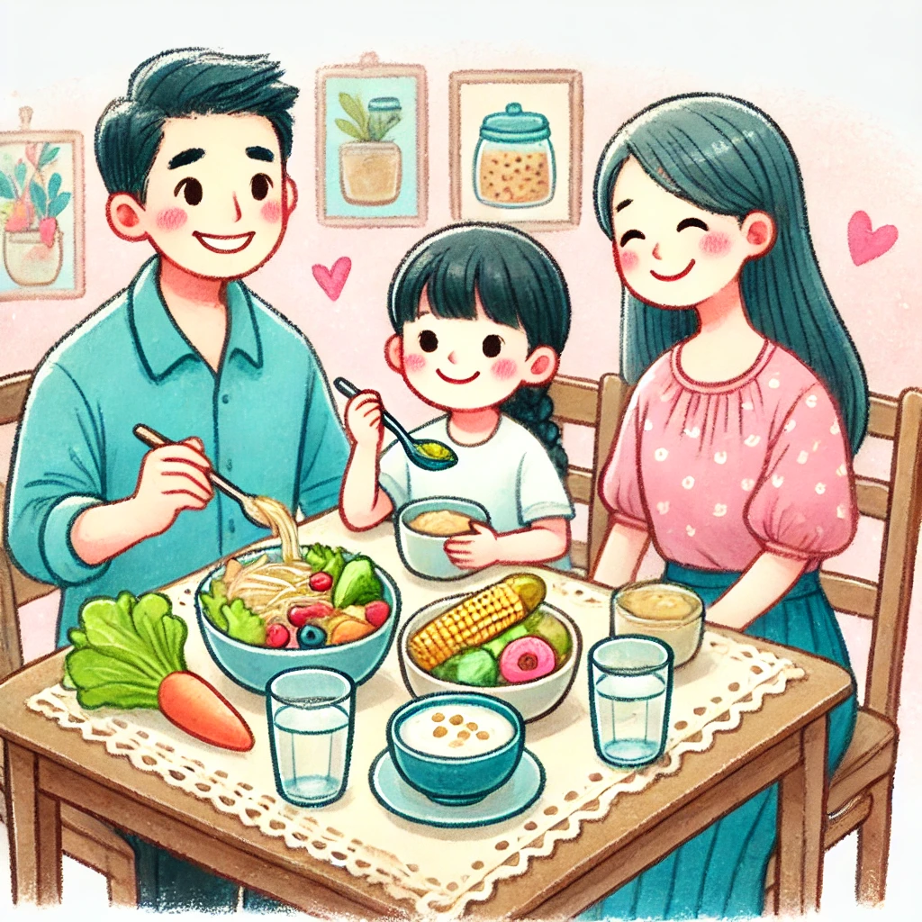장 건강을 위해 균형 잡힌 식사를 하는 행복한 아시아 가족