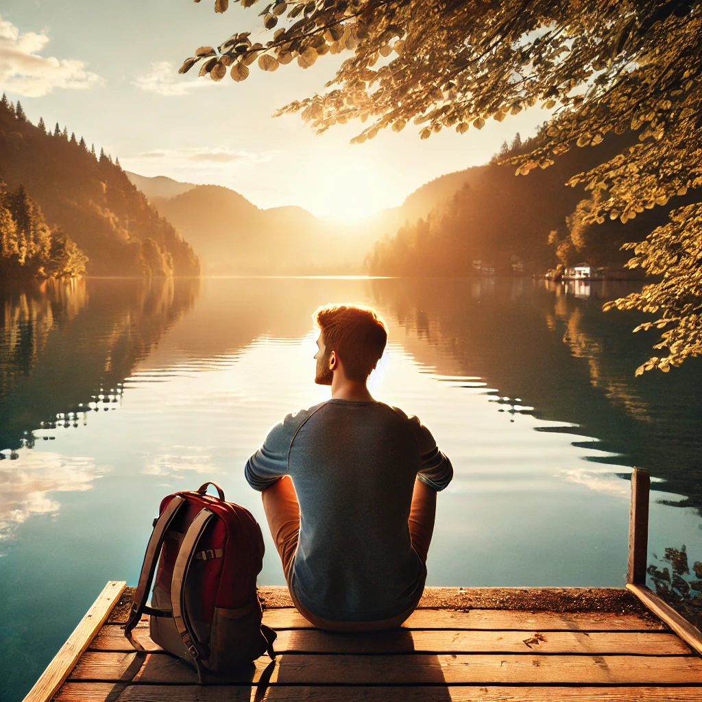 혼자 여행중 노을을 보는 사진