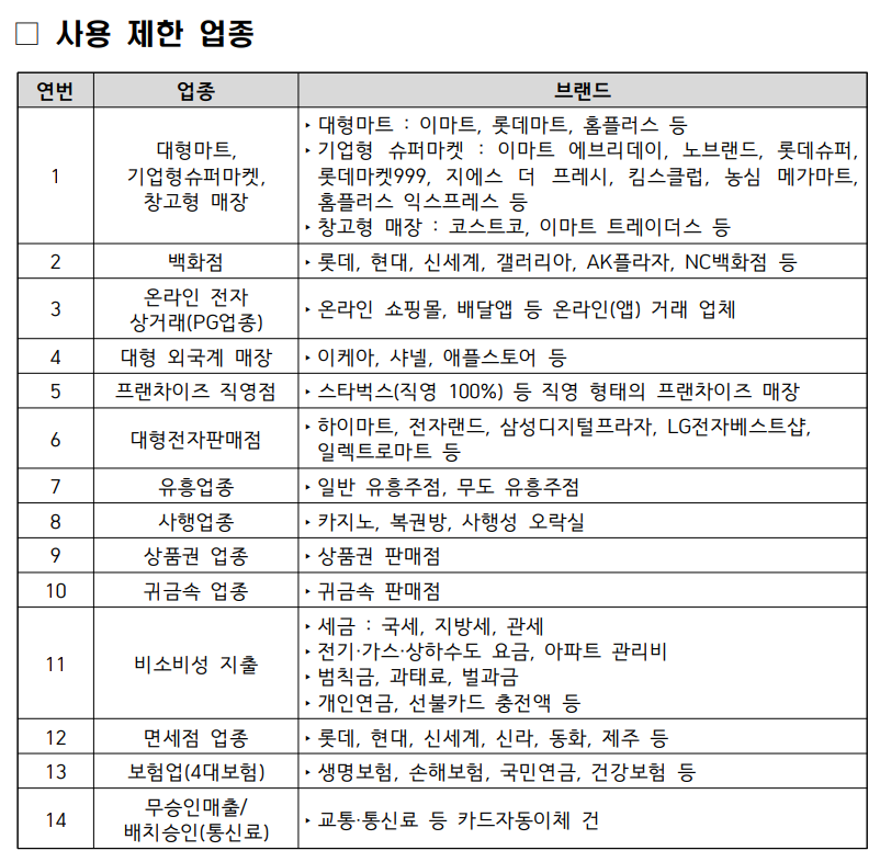 민생회복 소비쿠폰 사용 제한 업종