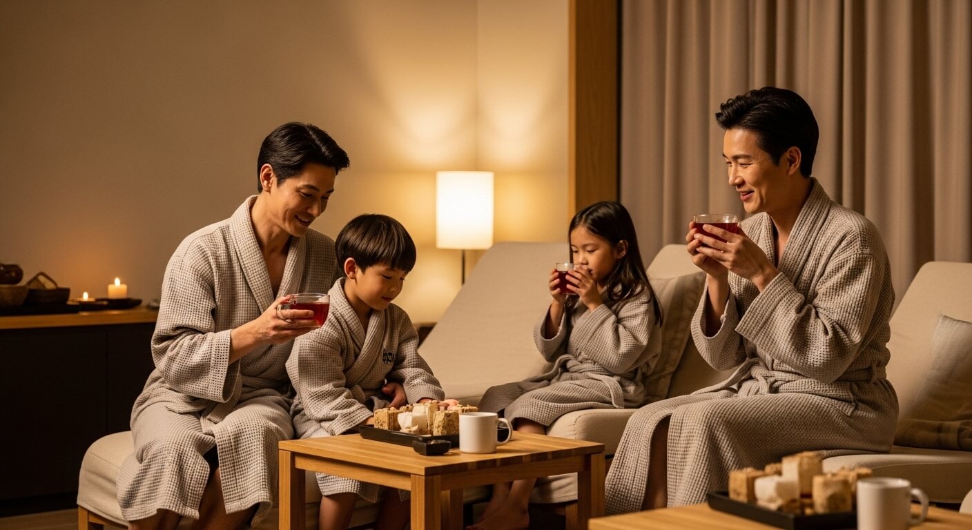 강원도 웰니스 숙소의 스파에서 따뜻한 허브차를 마시며 휴식하는 가족의 모습, 편안하고 아늑한 분위기.