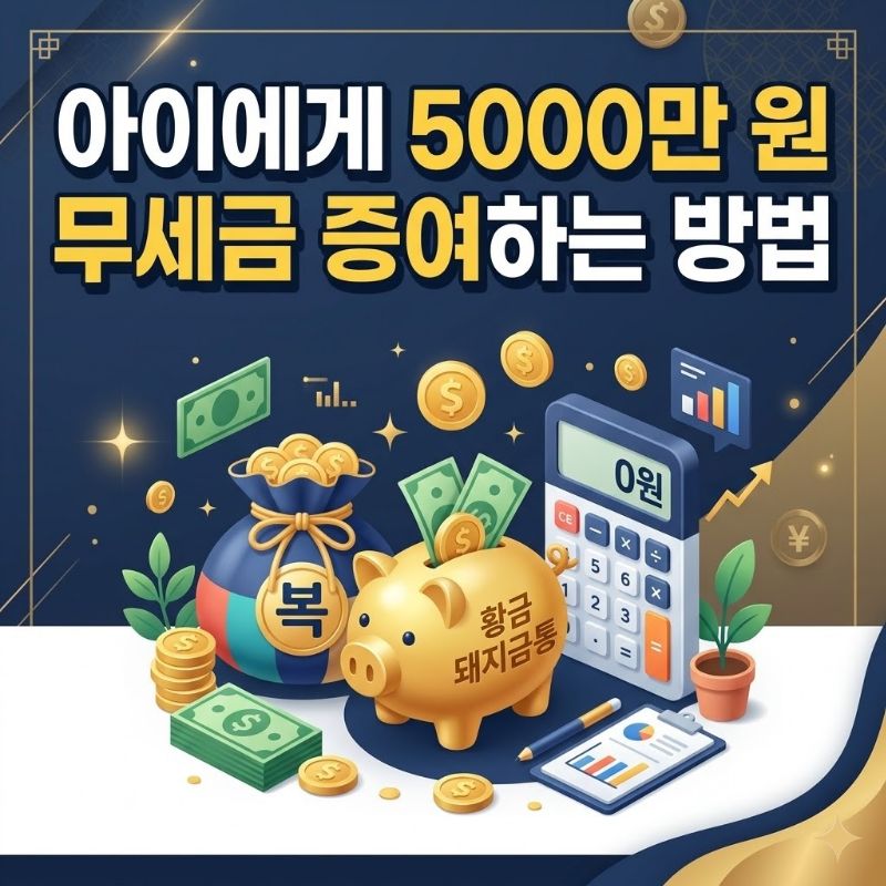 아이에게 5000만 원 무세금 증여하는 방법이라는 텍스트가 중앙에 굵게 적혀 있는 블로그 썸네일 이미지. 신뢰감을 주는 네이비와 골드 톤 배경 위에 복주머니, 돼지저금통, 그리고 세금 0원을 상징하는 계산기 아이콘이 3D 입체감 있게 배치되어 있어 자녀를 위한 절세 전략을 직관적으로 보여줍니다.