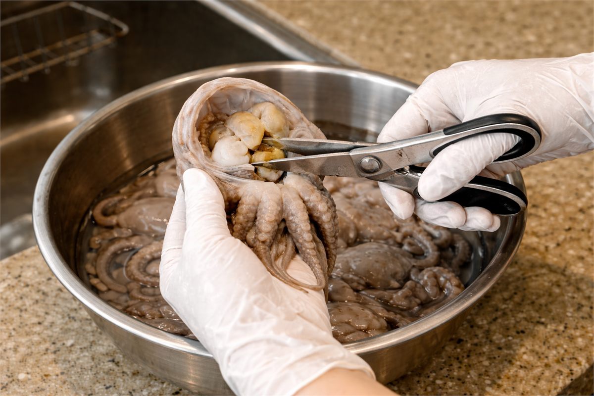 가위로 주꾸미 내장을 조심스럽게 제거하는 손질 과정