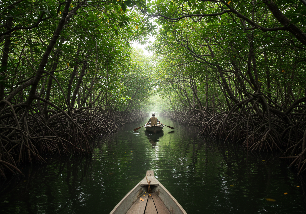 빽빽한 맹그로브 나무 뿌리 사이를 천천히 노 저어가는 보트 사진