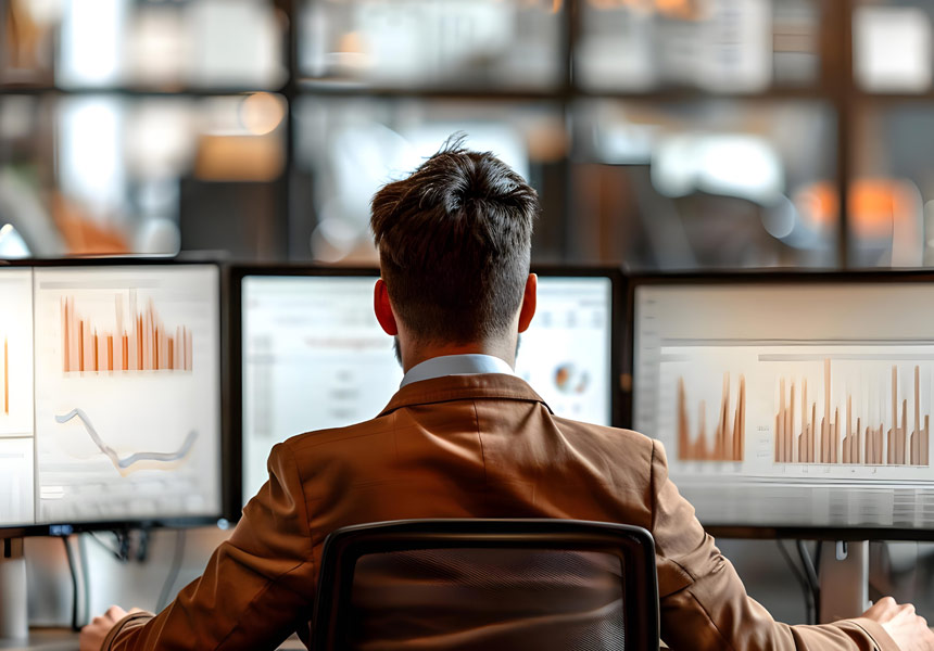 노트북 화면에 주식 차트를 띄워놓고 분석하는 모습