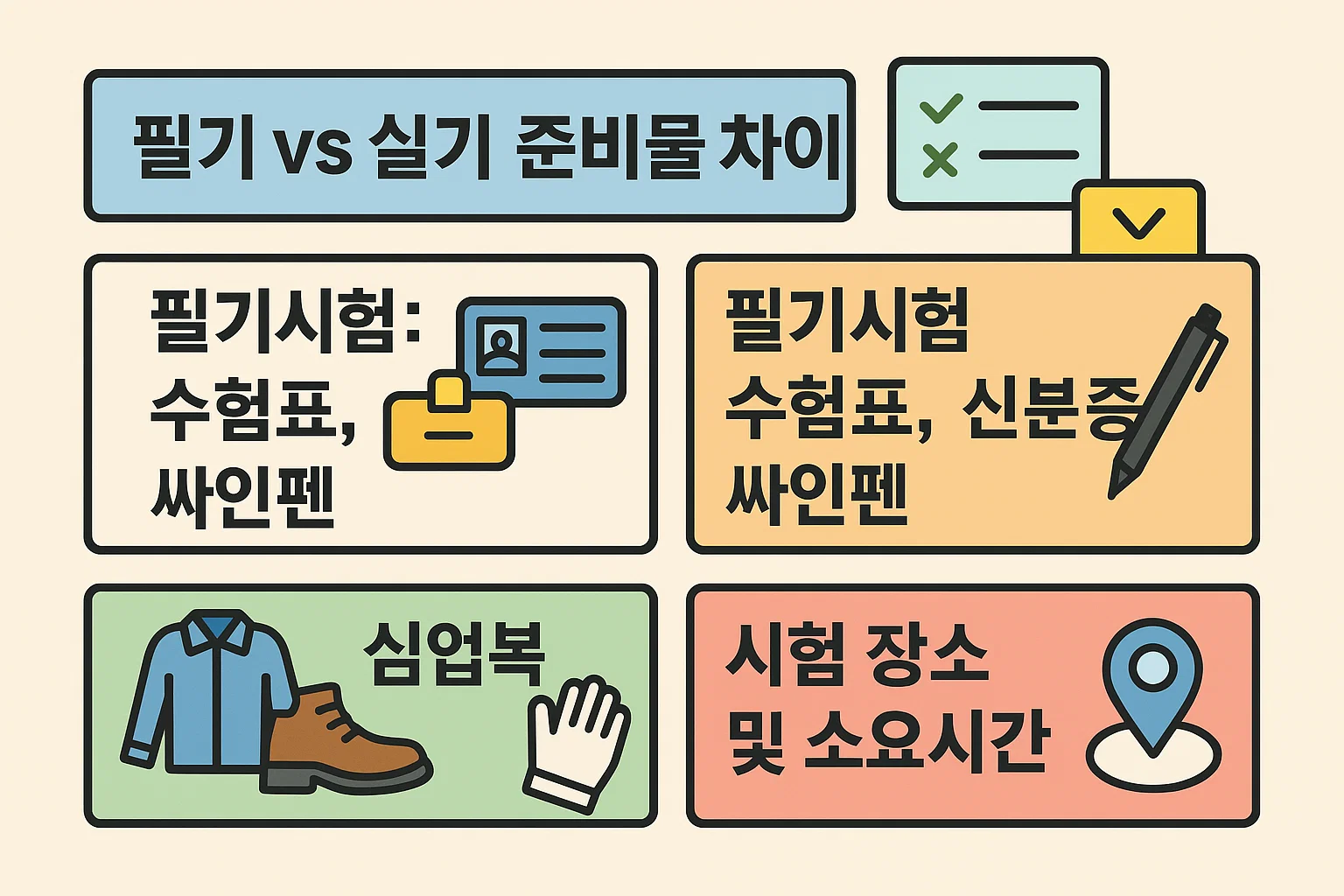 필기시험과 실기시험의 준비물 차이를 비교하여 수험표, 신분증, 싸인펜, 심업복, 시험 장소와 소요시간 등 핵심 정보를 정리한 인포그래픽입니다.