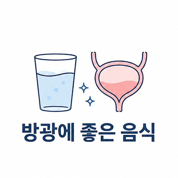 방광에 좋은 음식 대표 이미지, 물컵과 방광을 단순화한 도형을 나란히 그린 일러스트